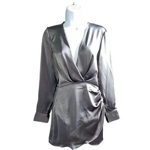 ZARA Charcoal Gray Satin V-Neck Longs Sleeve Wrap Mini Dress In Size XS